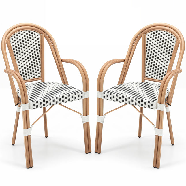 Hand-Woven PE Wicker Outdoor French Bistro Chairs Set of 2-White
