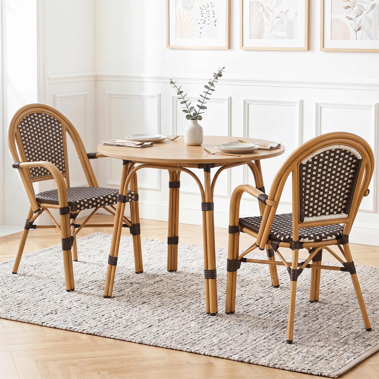 Hand-Woven PE Wicker Outdoor French Bistro Chairs Set of 2-Brown