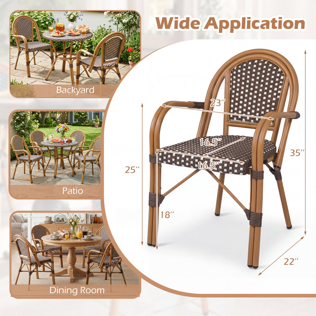 Hand-Woven PE Wicker Outdoor French Bistro Chairs Set of 2-Brown