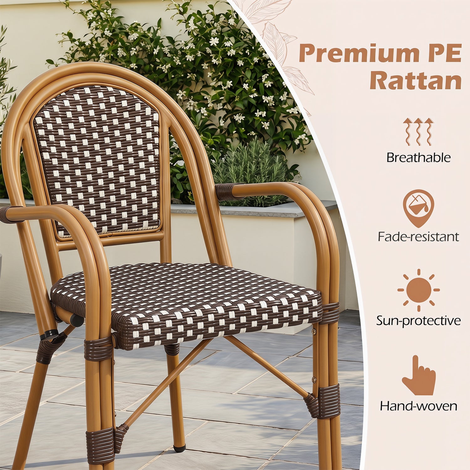 Hand-Woven PE Wicker Outdoor French Bistro Chairs Set of 2-Brown