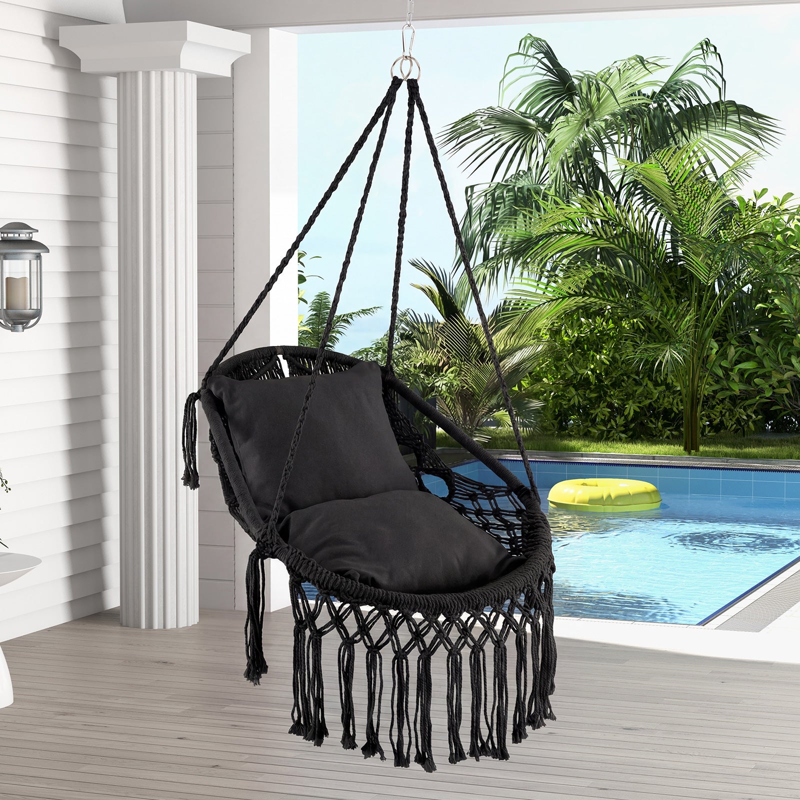 Hanging Hammock Chair with Soft Seat Cushions and Sturdy Rope Chain-Black