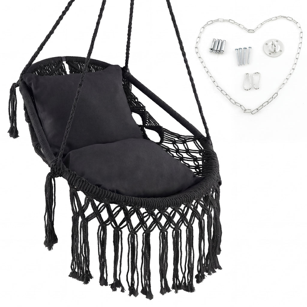 Hanging Hammock Chair with Soft Seat Cushions and Sturdy Rope Chain-Black