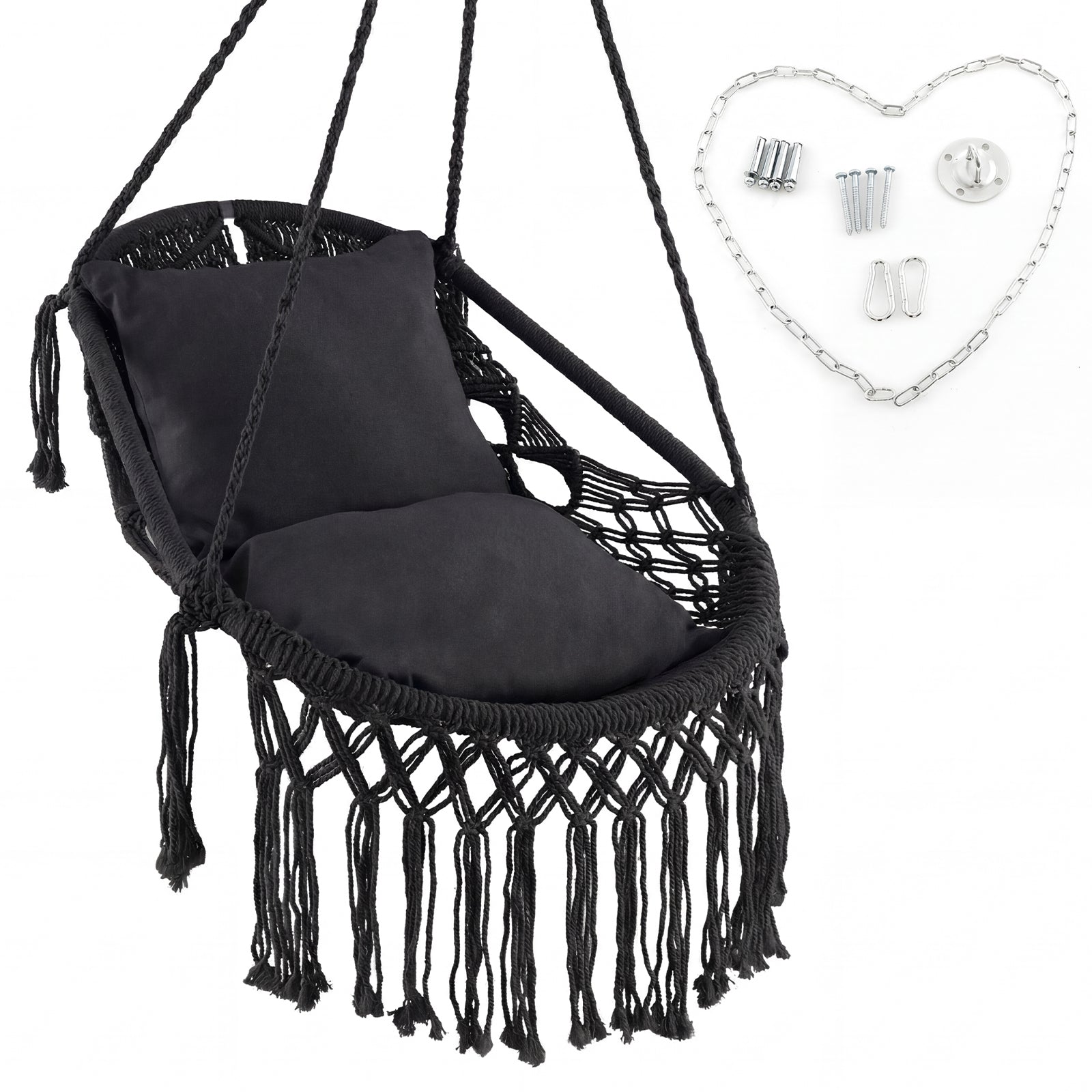 Hanging Hammock Chair with Soft Seat Cushions and Sturdy Rope Chain-Black