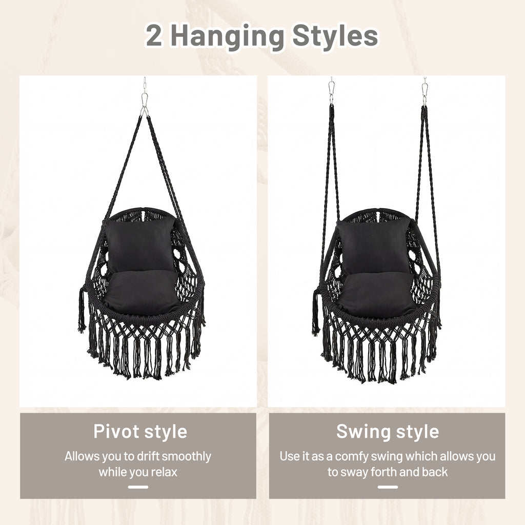 Hanging Hammock Chair with Soft Seat Cushions and Sturdy Rope Chain-Black