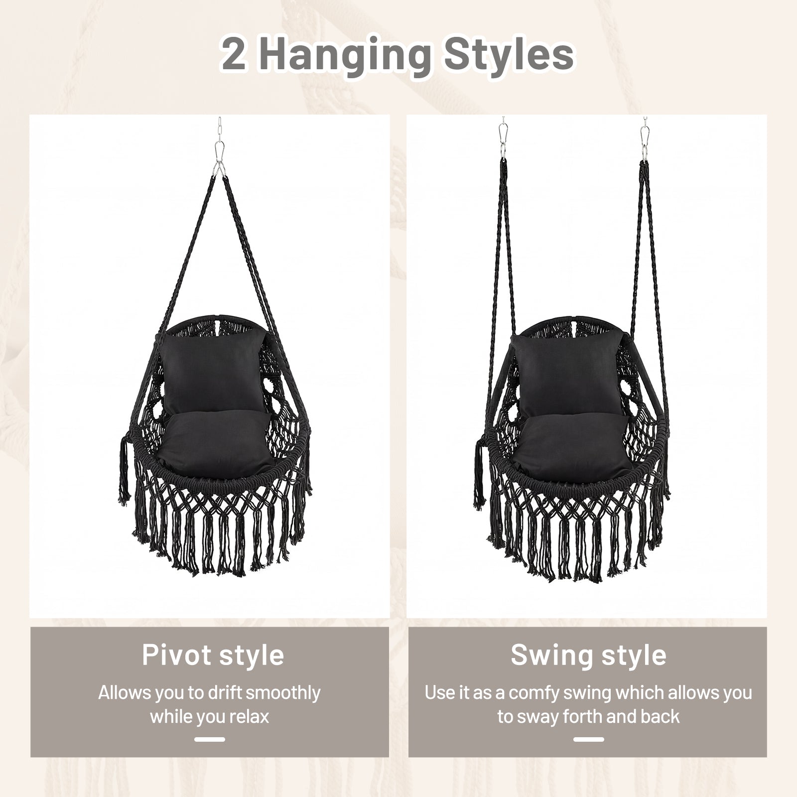 Hanging Hammock Chair with Soft Seat Cushions and Sturdy Rope Chain-Black