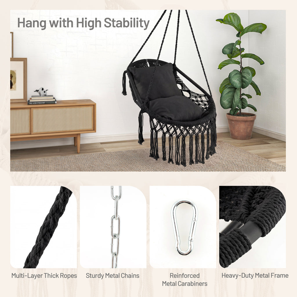 Hanging Hammock Chair with Soft Seat Cushions and Sturdy Rope Chain-Black