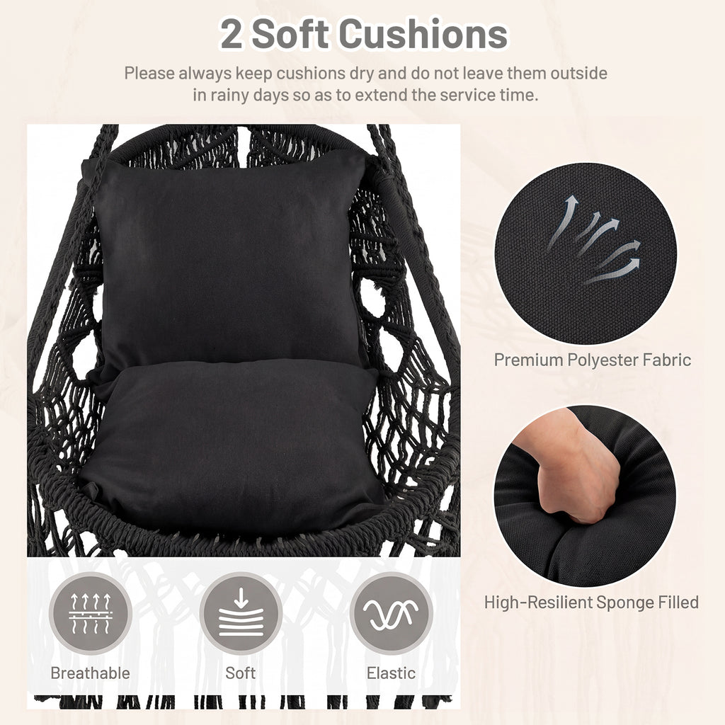 Hanging Hammock Chair with Soft Seat Cushions and Sturdy Rope Chain-Black