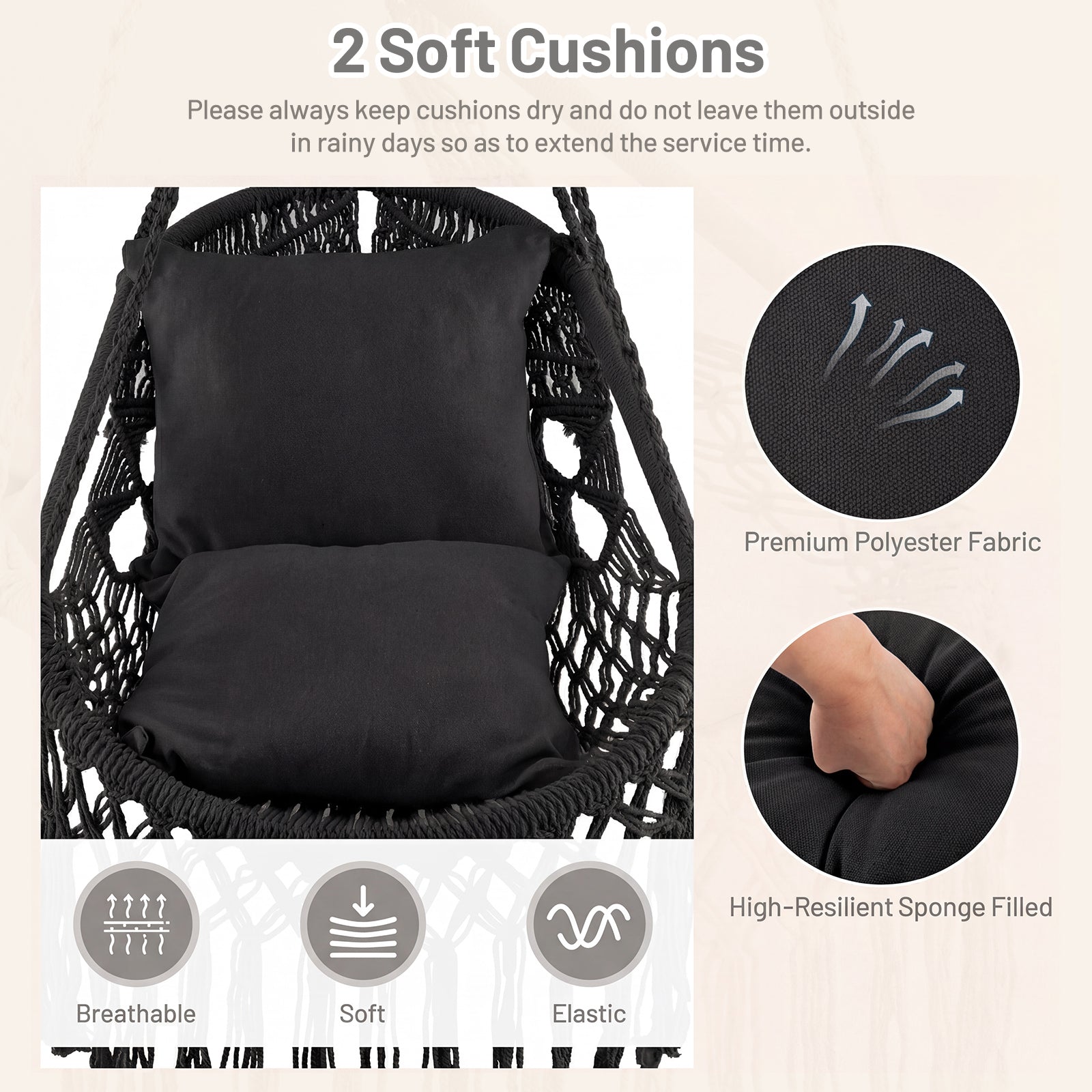 Hanging Hammock Chair with Soft Seat Cushions and Sturdy Rope Chain-Black