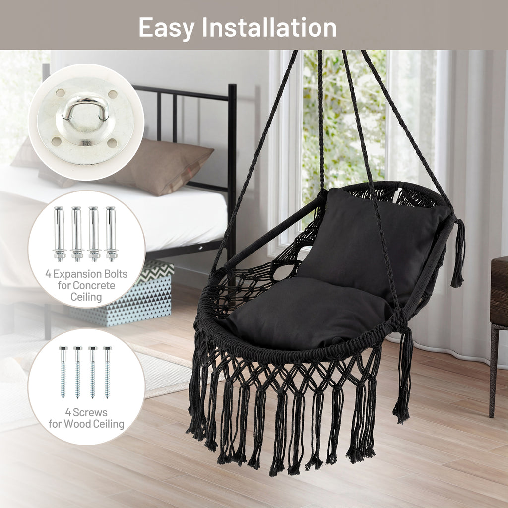 Hanging Hammock Chair with Soft Seat Cushions and Sturdy Rope Chain-Black
