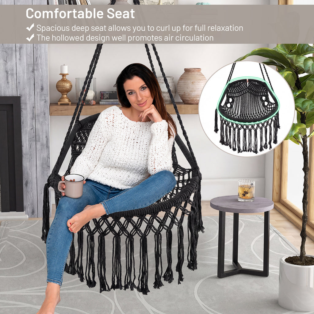 Hanging Hammock Chair with Soft Seat Cushions and Sturdy Rope Chain-Black
