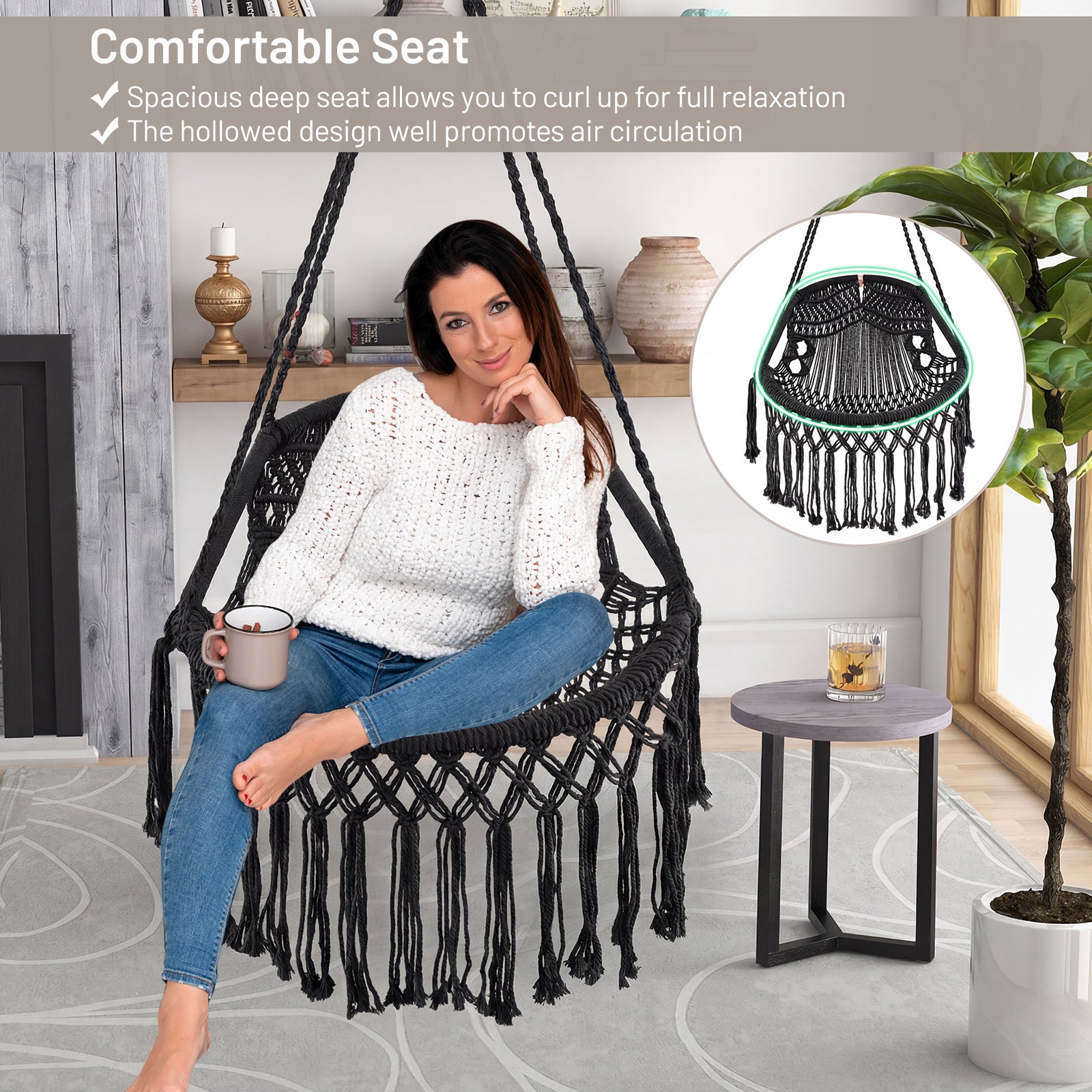 Hanging Hammock Chair with Soft Seat Cushions and Sturdy Rope Chain-Black