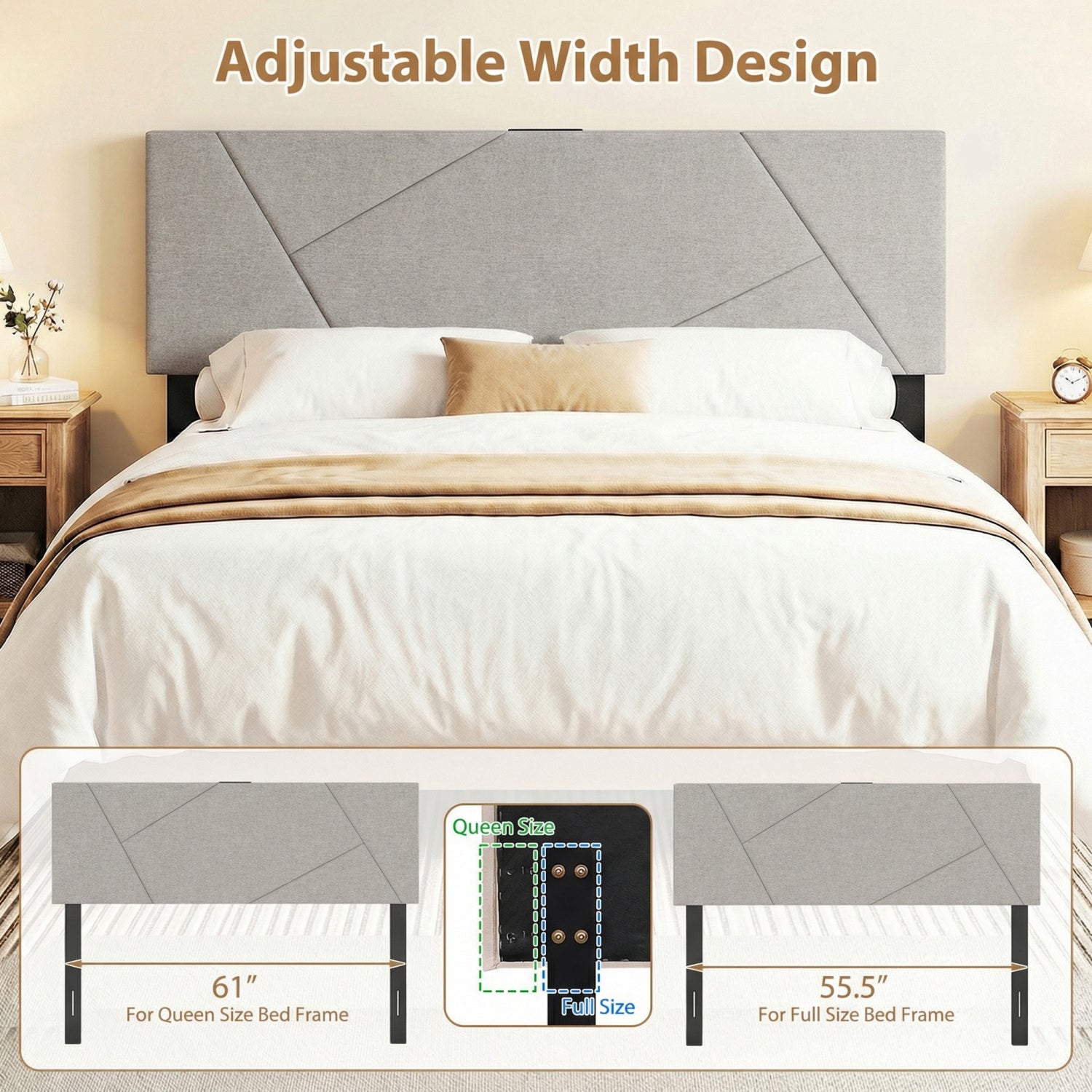 Headboard for Full Size Bed and Queen Geometric Upholstered Head Board-Gray