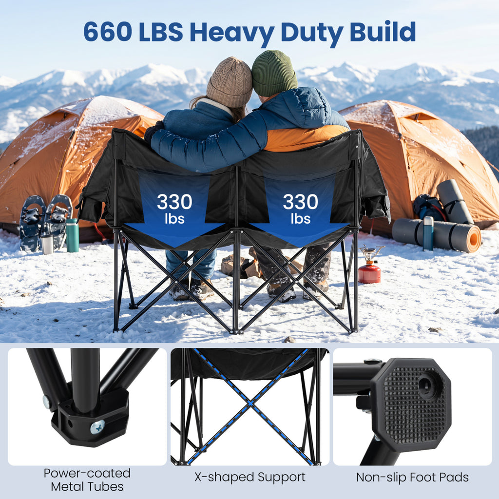 Heated Double Camping Chair with 4 Heating Zones and Wine Glass Holders-Black