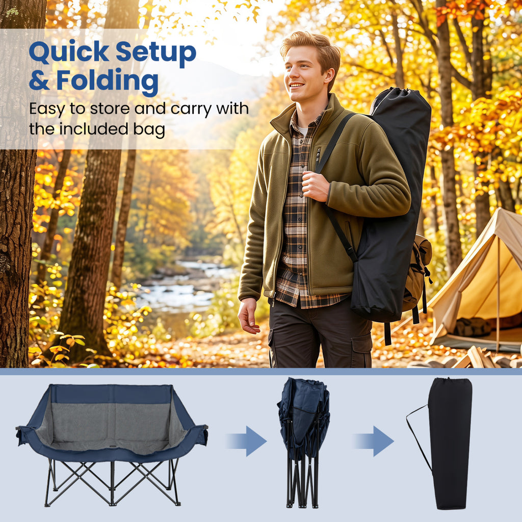 Heated Double Camping Chair with 4 Heating Zones and Wine Glass Holders-Navy