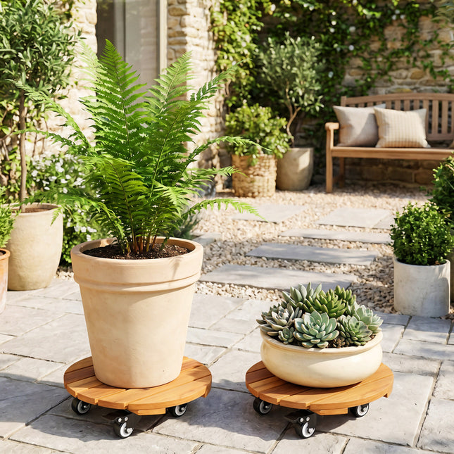 Heavy Duty Acacia Wood Rolling Plant Stand with 360° Lockable Casters-Set of 4