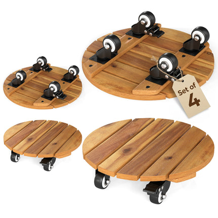 Heavy Duty Acacia Wood Rolling Plant Stand with 360° Lockable Casters-Set of 4