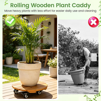 Heavy Duty Acacia Wood Rolling Plant Stand with 360° Lockable Casters-Set of 2
