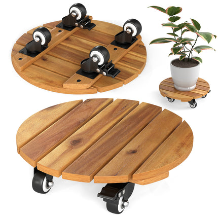 Heavy Duty Acacia Wood Rolling Plant Stand with 360° Lockable Casters-Set of 2