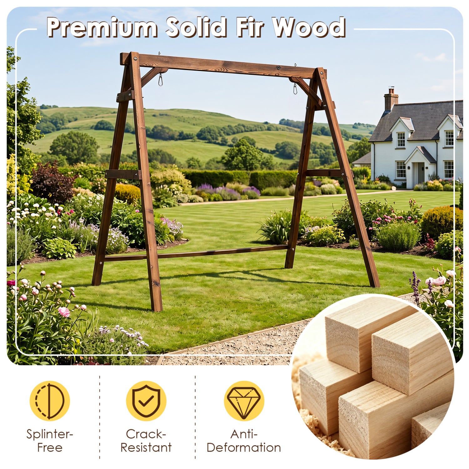 Heavy-Duty Carbonized Fir Wood Swing Frame with Reinforced Bars and 2 Hanging Rings-Brown