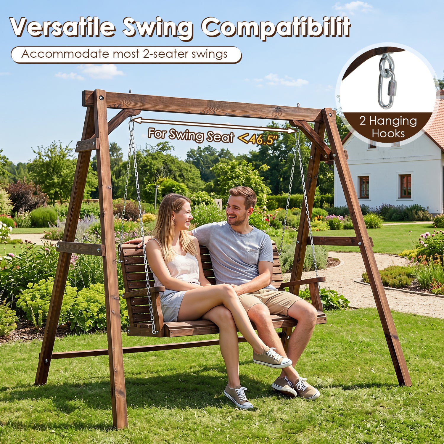 Heavy-Duty Carbonized Fir Wood Swing Frame with Reinforced Bars and 2 Hanging Rings-Brown