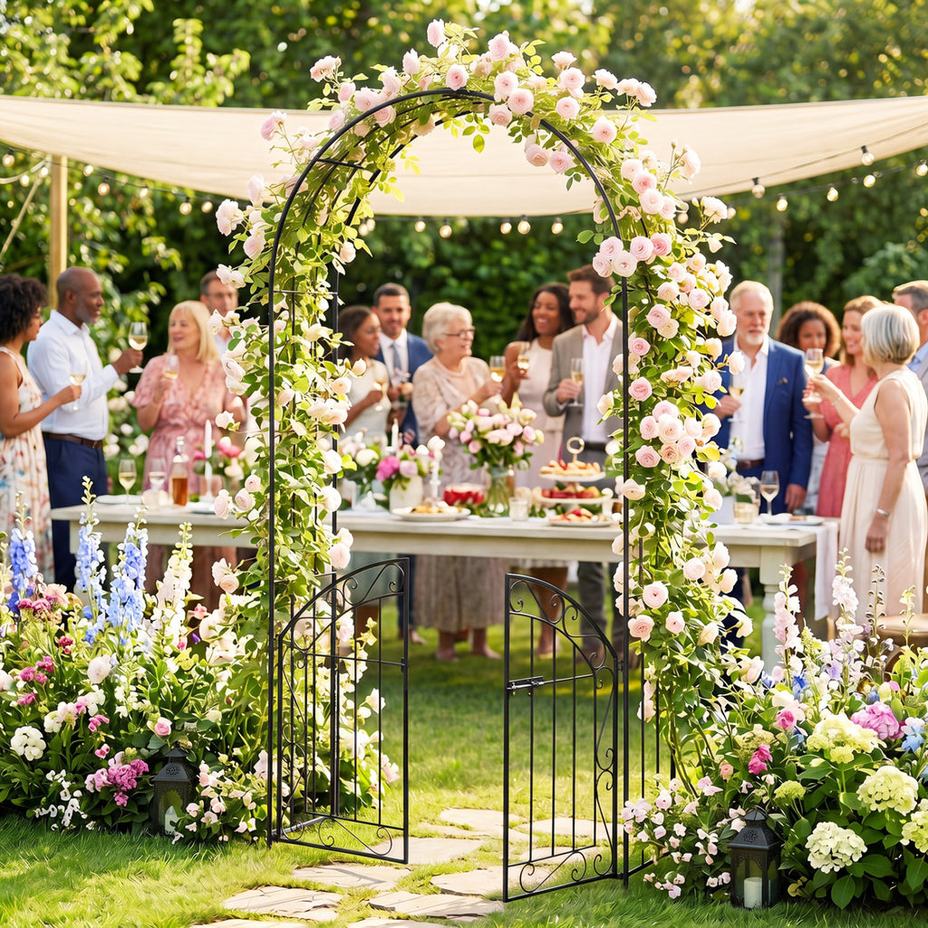 Heavy-Duty Metal Garden Arch with Gate and Safety Latch-Black
