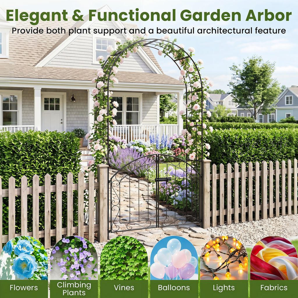 Heavy-Duty Metal Garden Arch with Gate and Safety Latch-Black