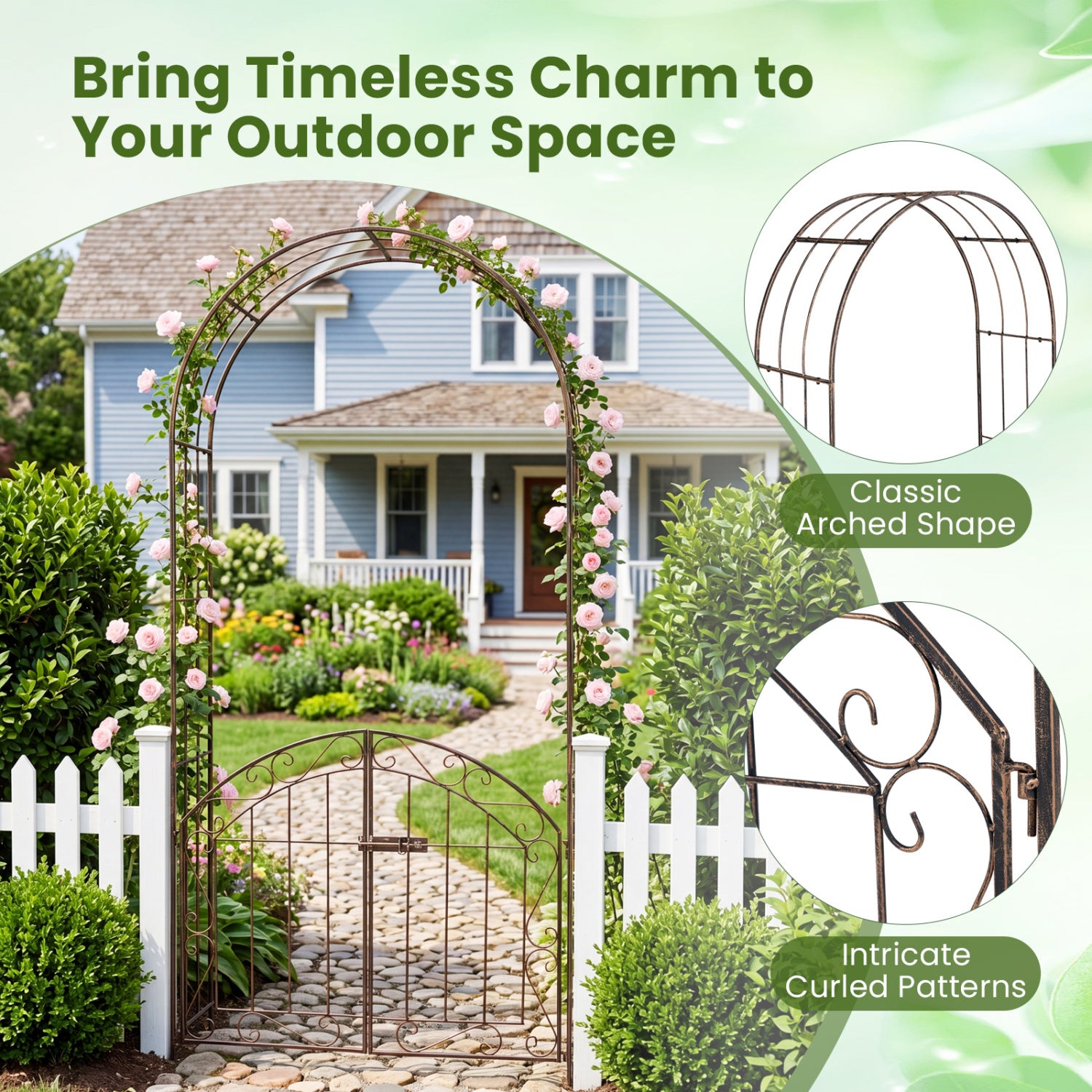 Heavy-Duty Metal Garden Arch with Gate and Safety Latch-Bronze