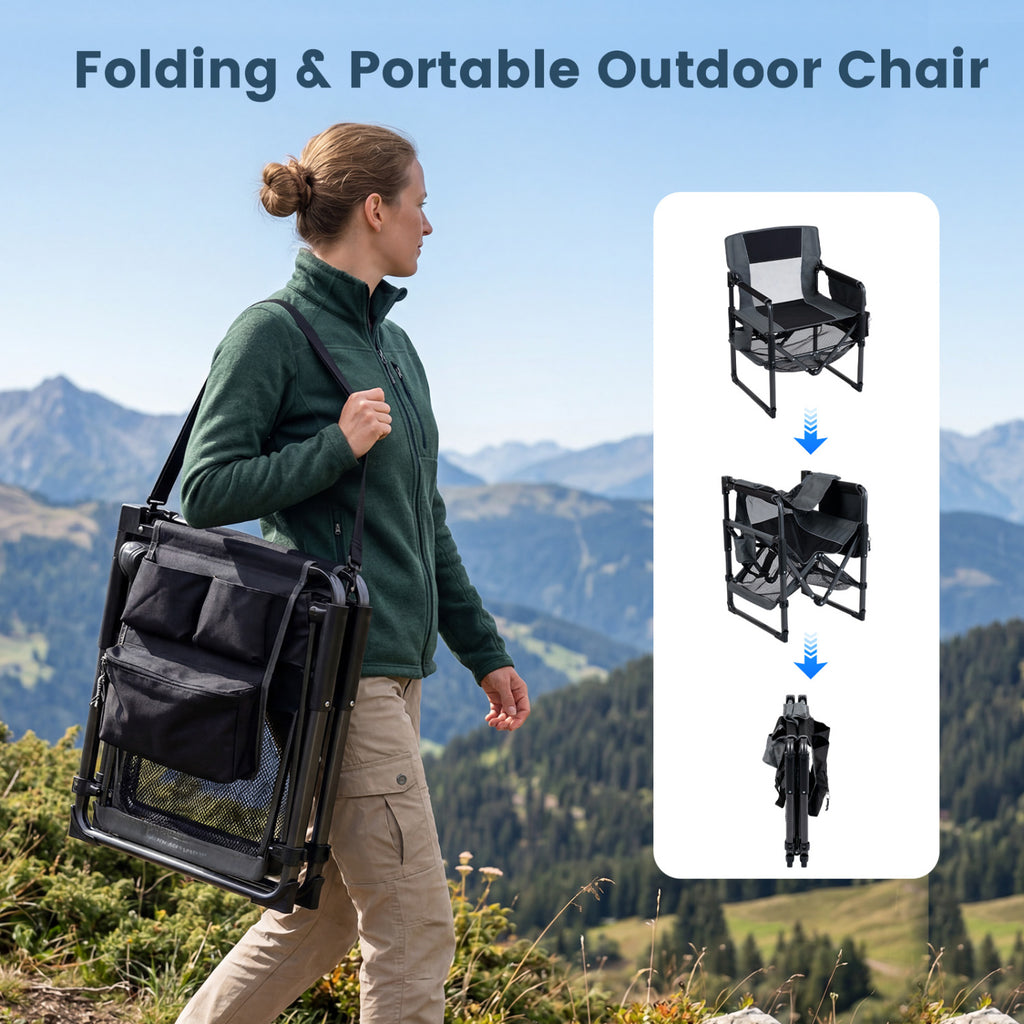 Heavy Duty Outdoor Camping Chair with Cup Holder and Bottle Opener-Black