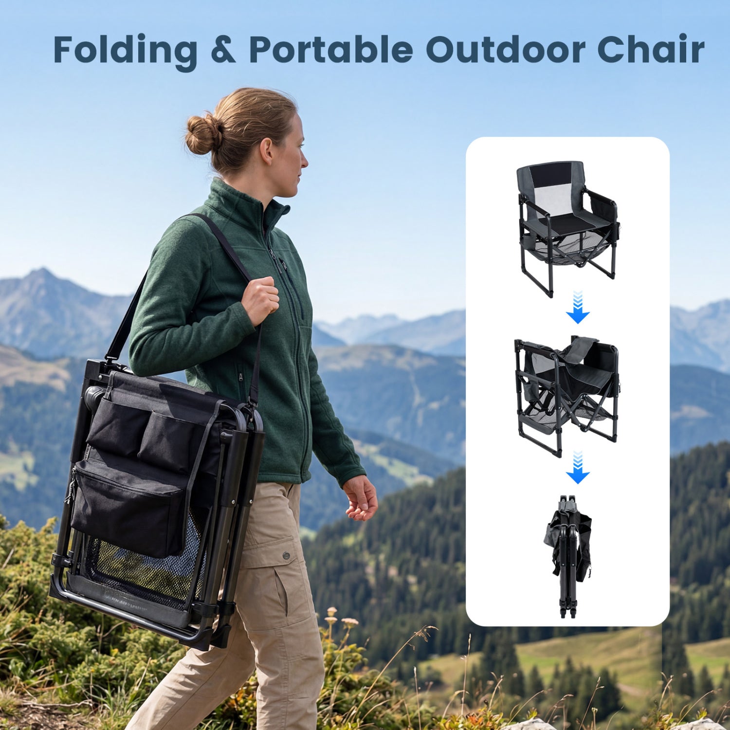 Heavy Duty Outdoor Camping Chair with Cup Holder and Bottle Opener-Black