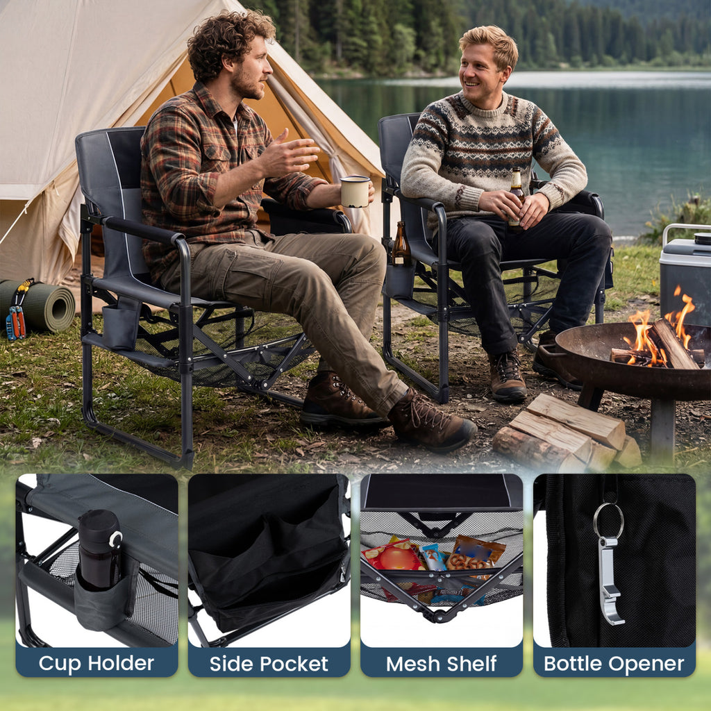 Heavy Duty Outdoor Camping Chair with Cup Holder and Bottle Opener-Black