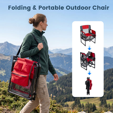 Heavy Duty Outdoor Camping Chair with Cup Holder and Side Pocket-Red