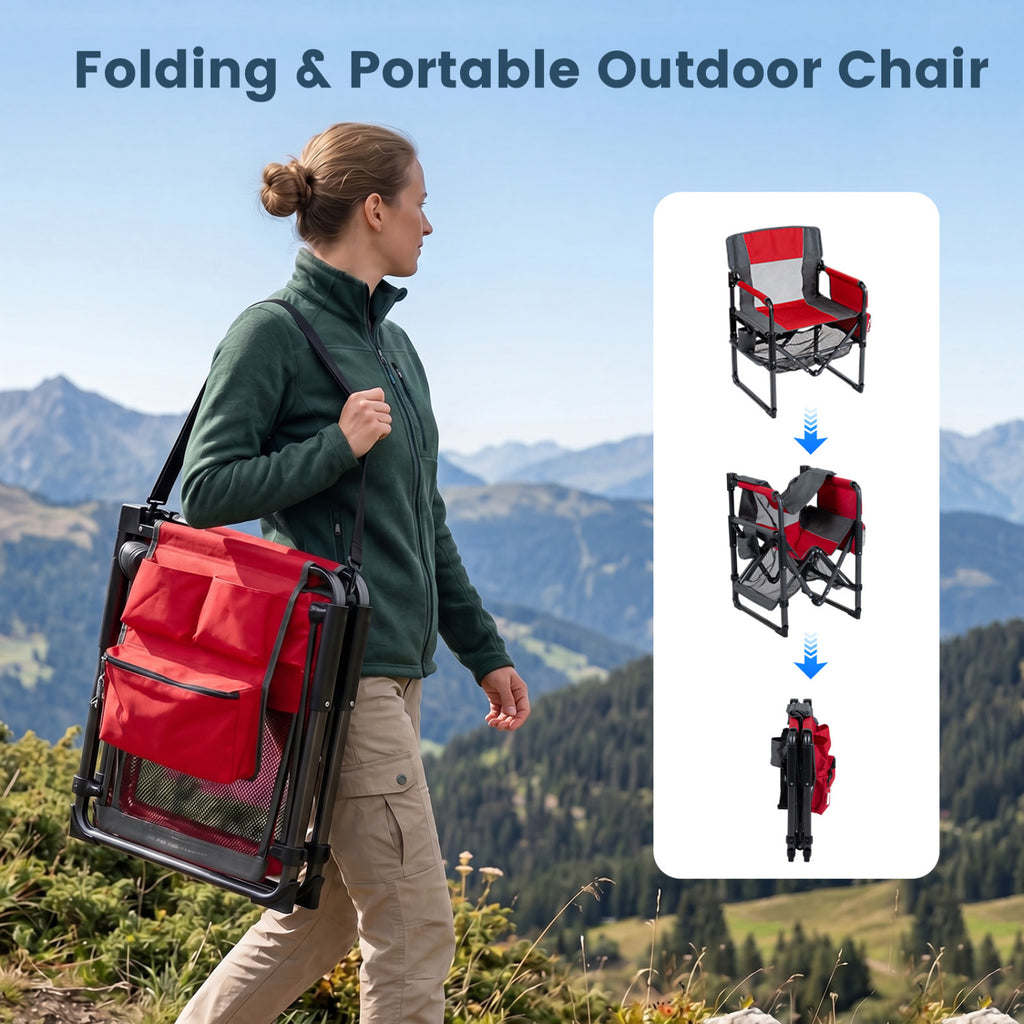 Heavy Duty Outdoor Camping Chair with Cup Holder and Bottle Opener-Red