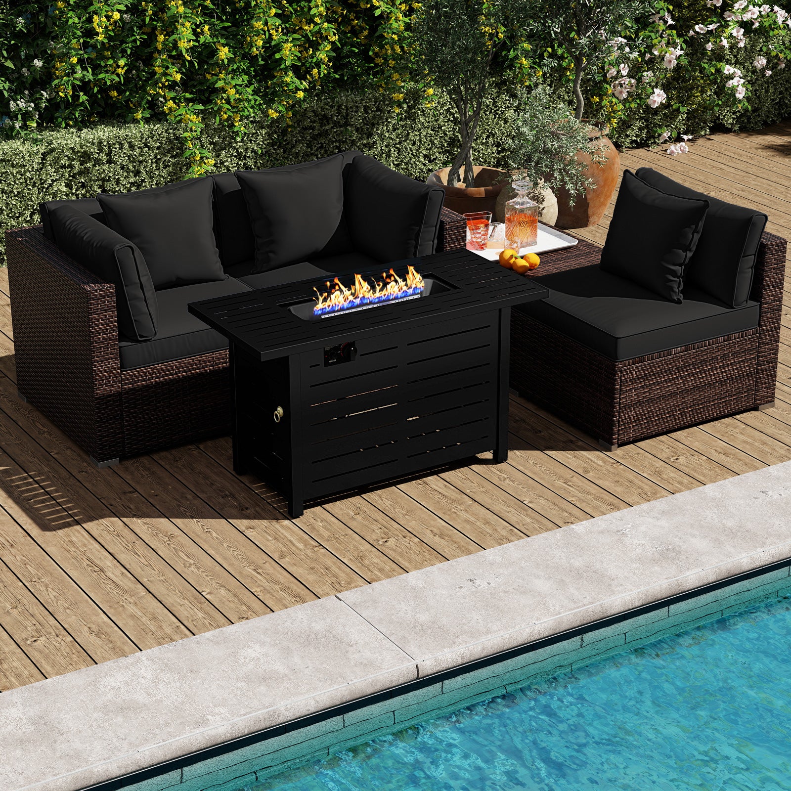 Heavy-duty Frame Rattan Sofa Set with 60000 BTU Firepit Table-Black