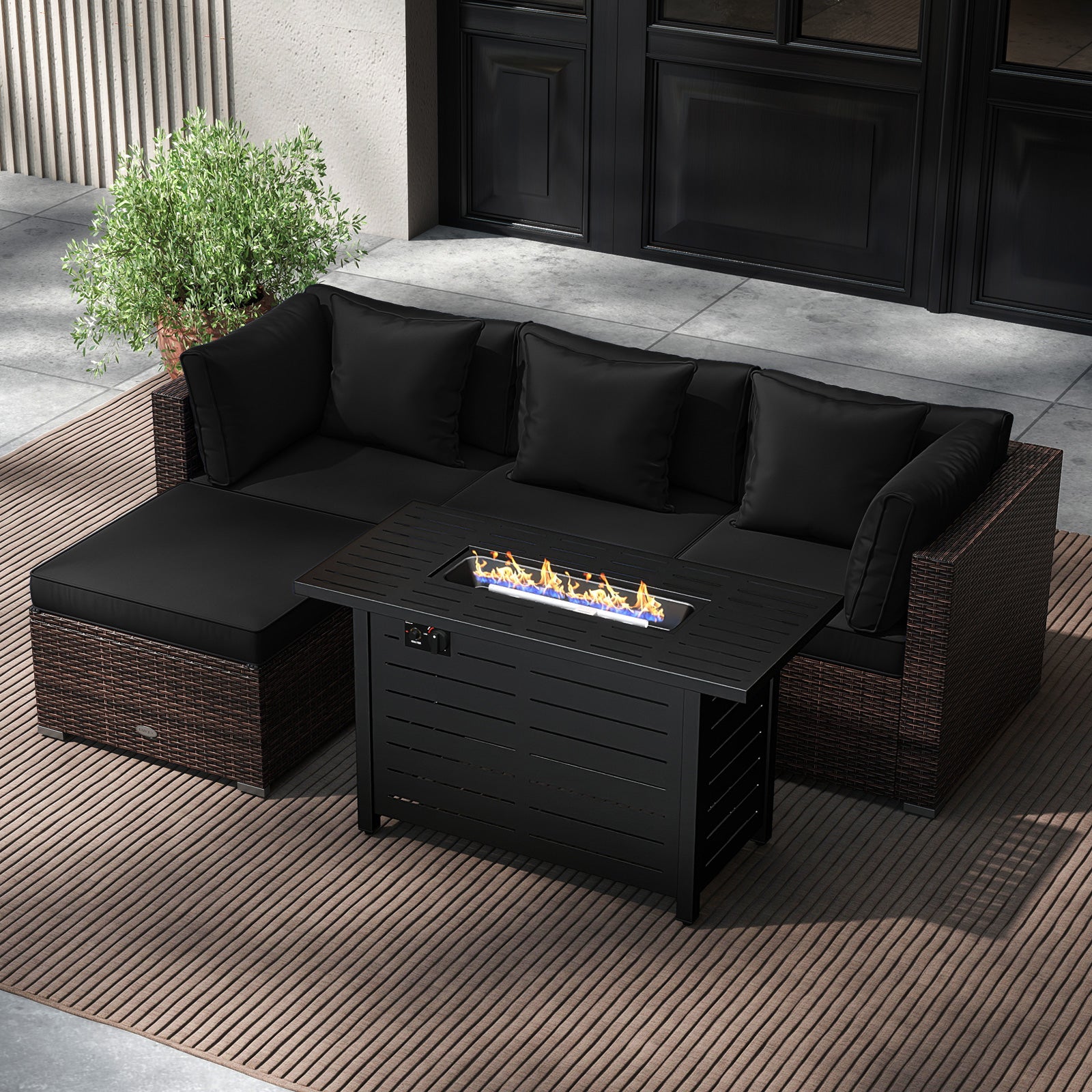 Heavy-duty Frame Rattan Sofa Set with 60000 BTU Firepit Table-Black