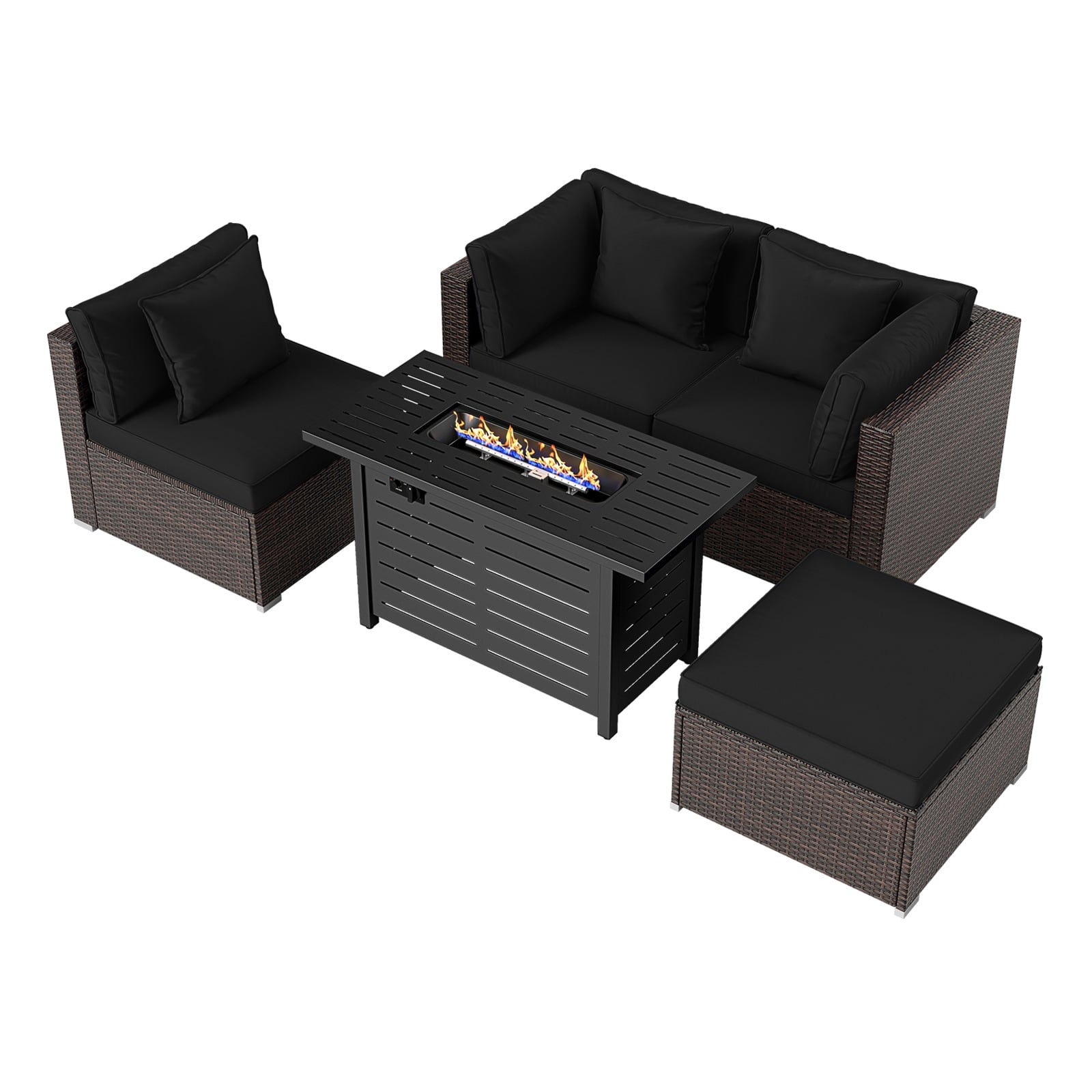 Ensemble de canapés en rotin à cadre robuste avec table de foyer de 60 000 BTU - Noir