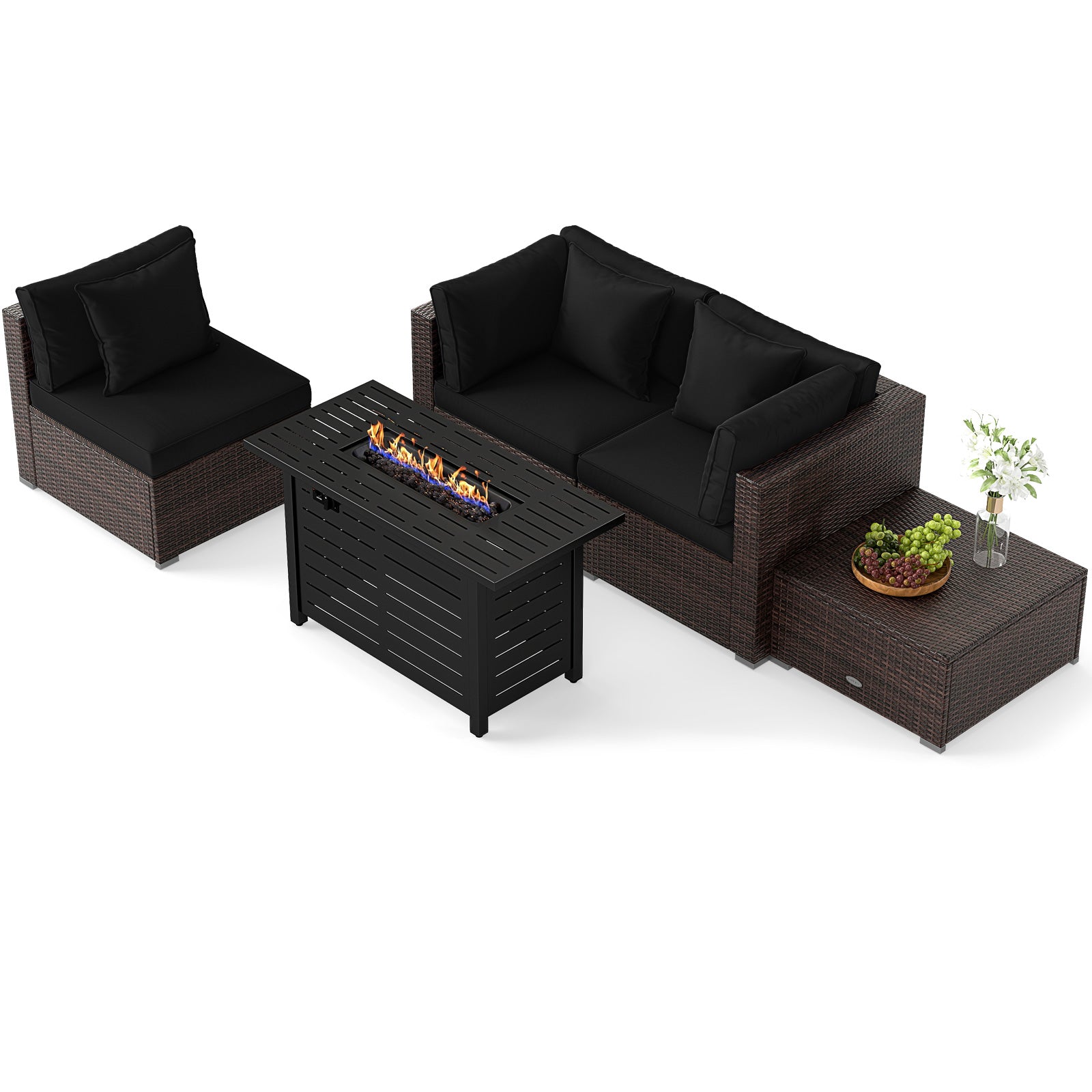 Heavy-duty Frame Rattan Sofa Set with 60000 BTU Firepit Table-Black