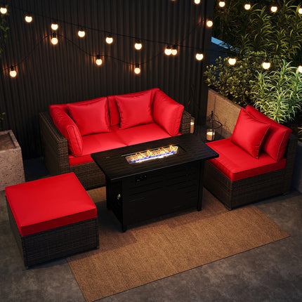 Heavy-duty Frame Rattan Sofa Set with 60000 BTU Firepit Table-Red