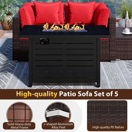Heavy-duty Frame Rattan Sofa Set with 60000 BTU Firepit Table-Red