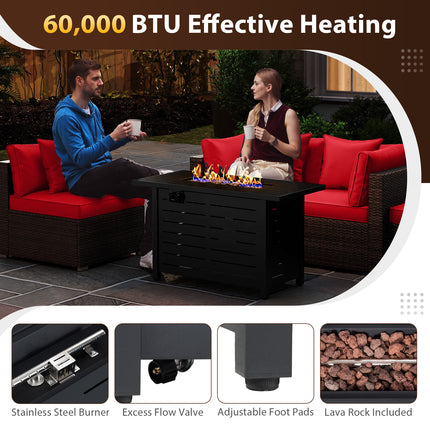Heavy-duty Frame Rattan Sofa Set with 60000 BTU Firepit Table-Red