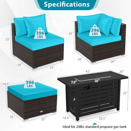 Heavy-duty Frame Rattan Sofa Set with 60000 BTU Firepit Table-Turquoise