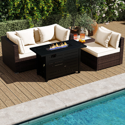Heavy-duty Frame Rattan Sofa Set with 60000 BTU Firepit Table-Off White