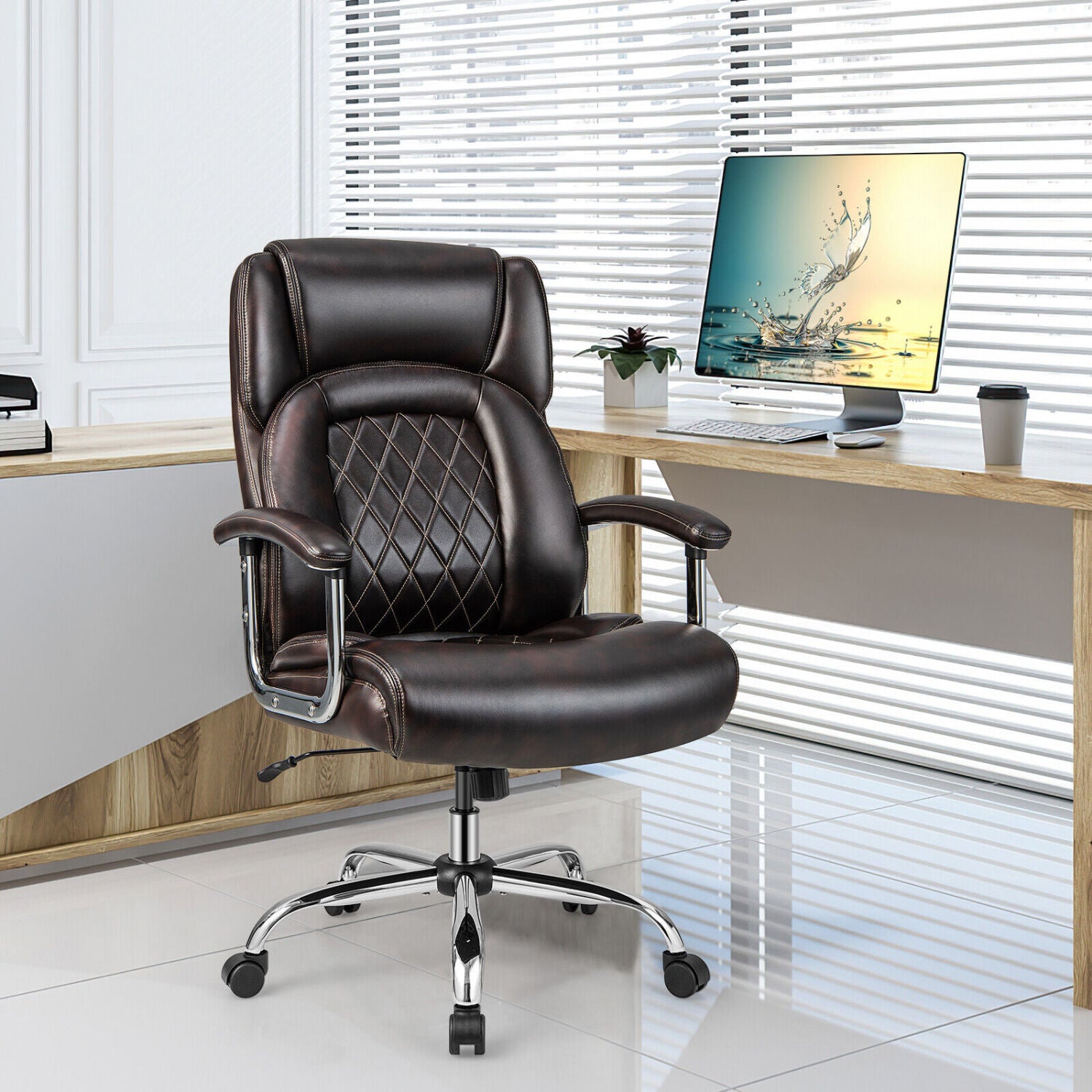 Height Adjustable Big and Tall Office Chair Computer Desk Chair with Metal Base-Brown
