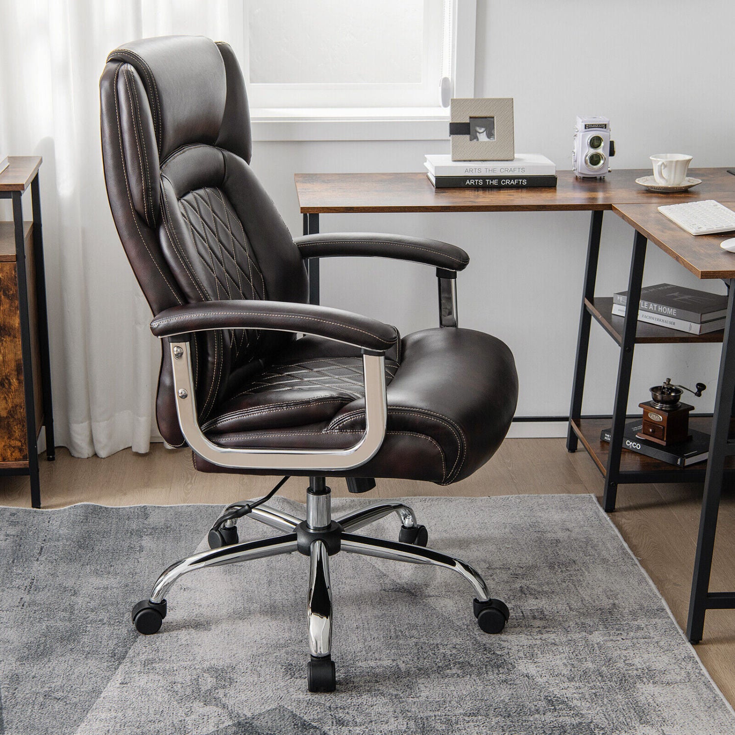 Height Adjustable Big and Tall Office Chair Computer Desk Chair with Metal Base-Brown
