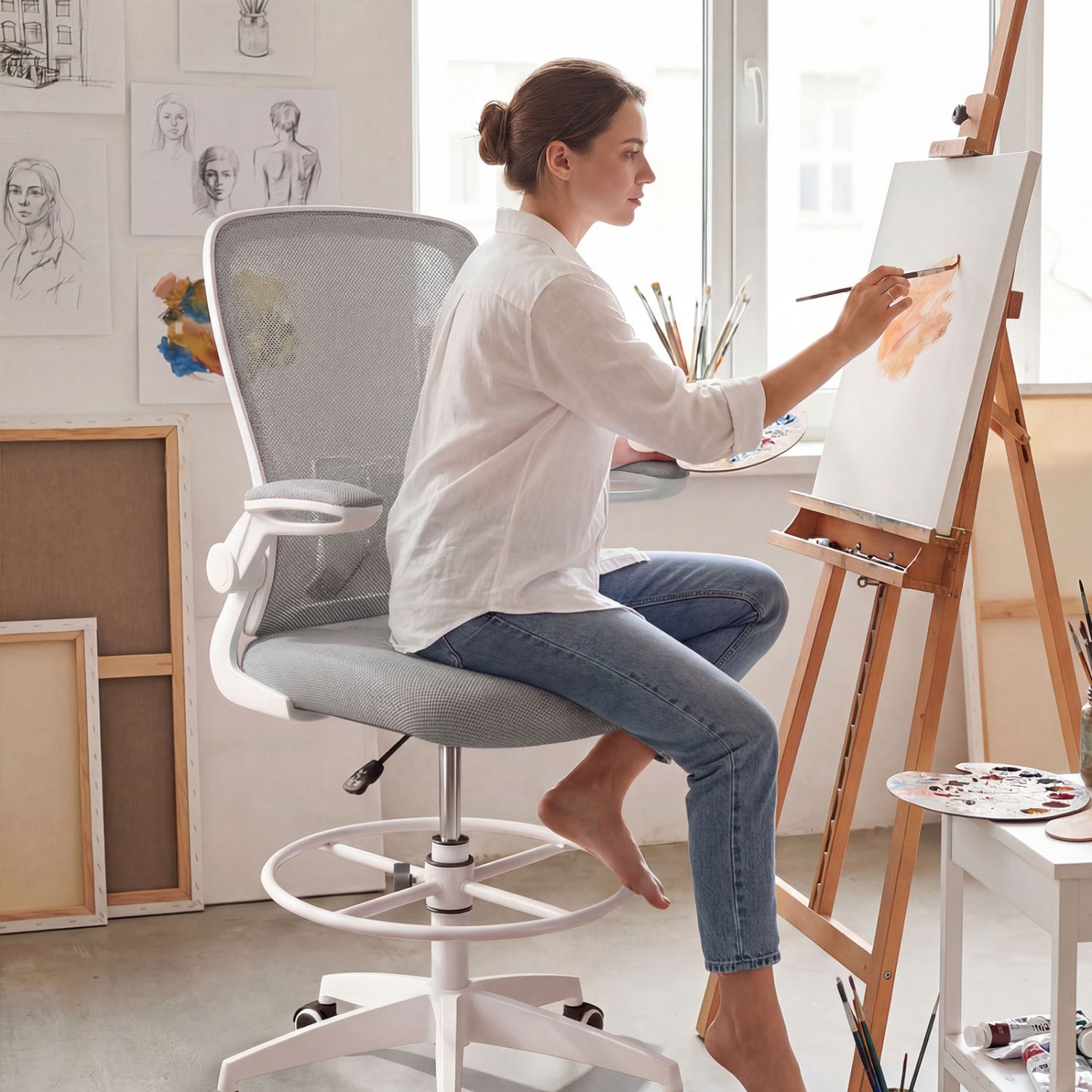 Height Adjustable Drafting Chair with Flip Up Arms for Home Office-Gray