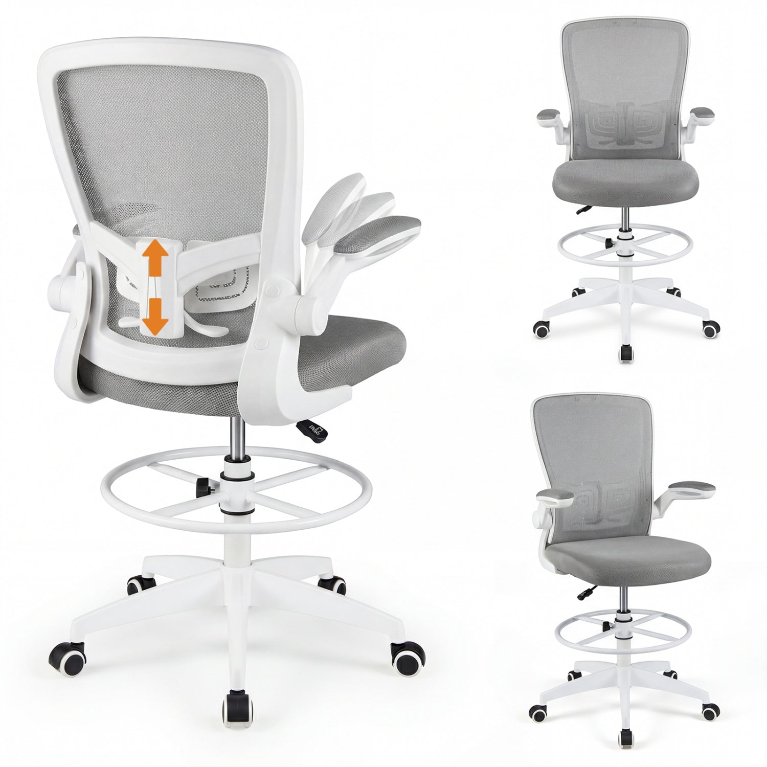 Height Adjustable Drafting Chair with Flip Up Arms for Home Office-Gray