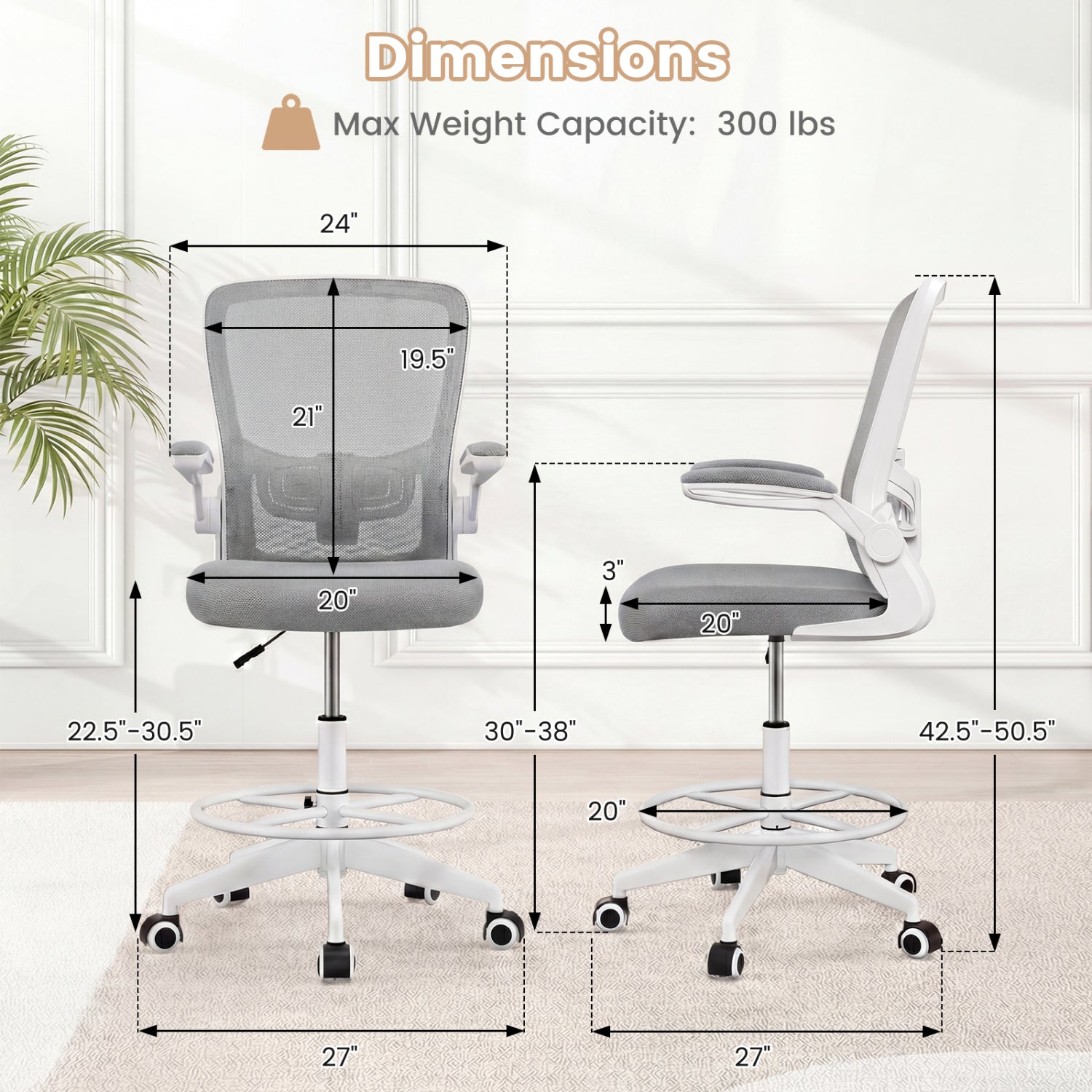 Height Adjustable Drafting Chair with Flip Up Arms for Home Office-Gray