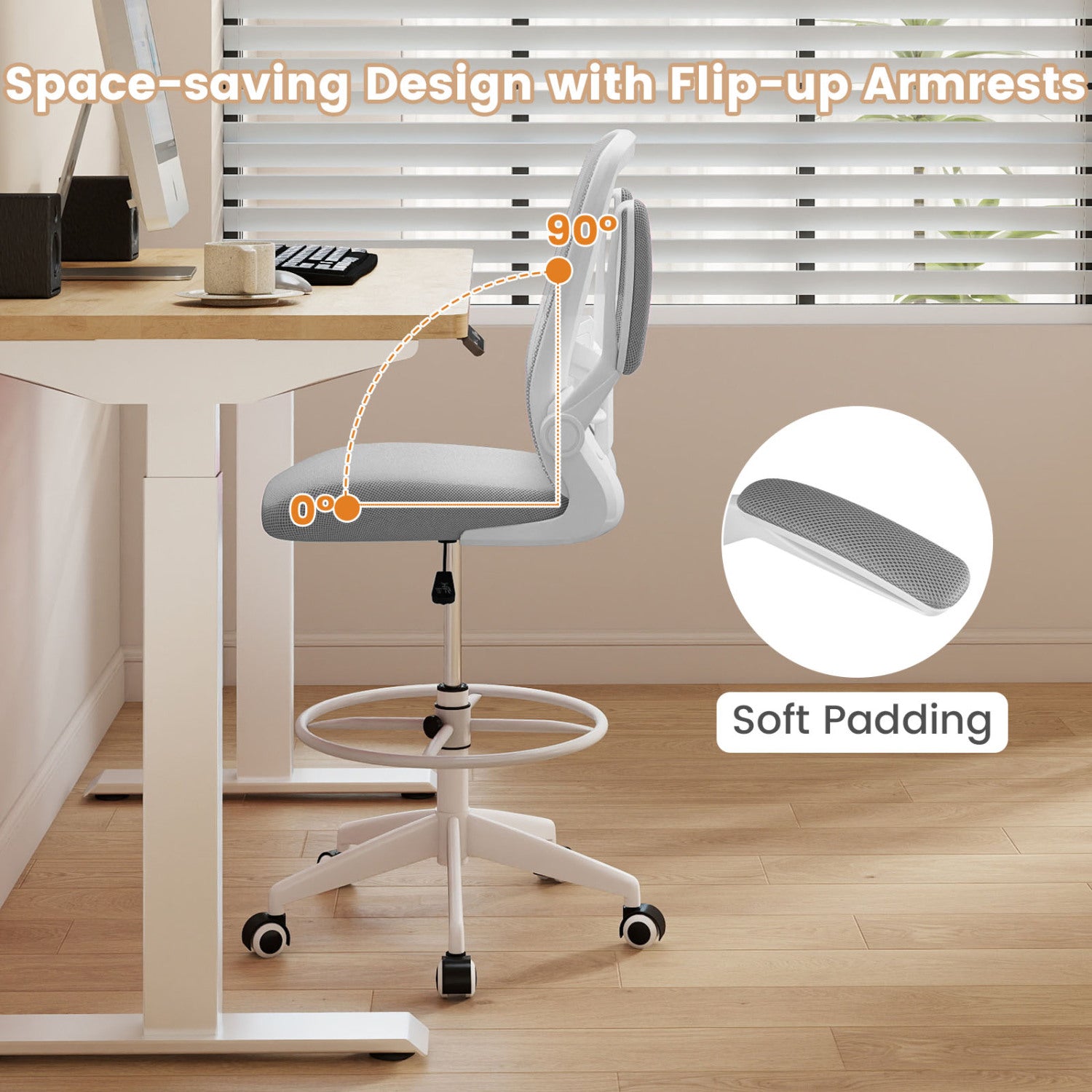 Height Adjustable Drafting Chair with Flip Up Arms for Home Office-Gray