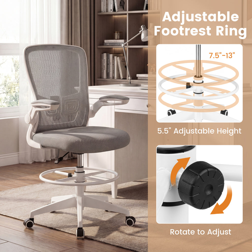 Height Adjustable Drafting Chair with Flip Up Arms for Home Office-Gray