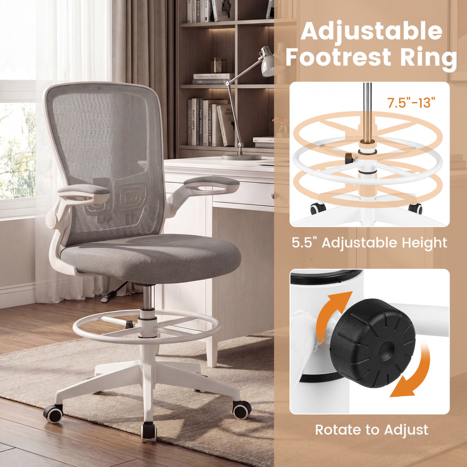 Height Adjustable Drafting Chair with Flip Up Arms for Home Office-Gray