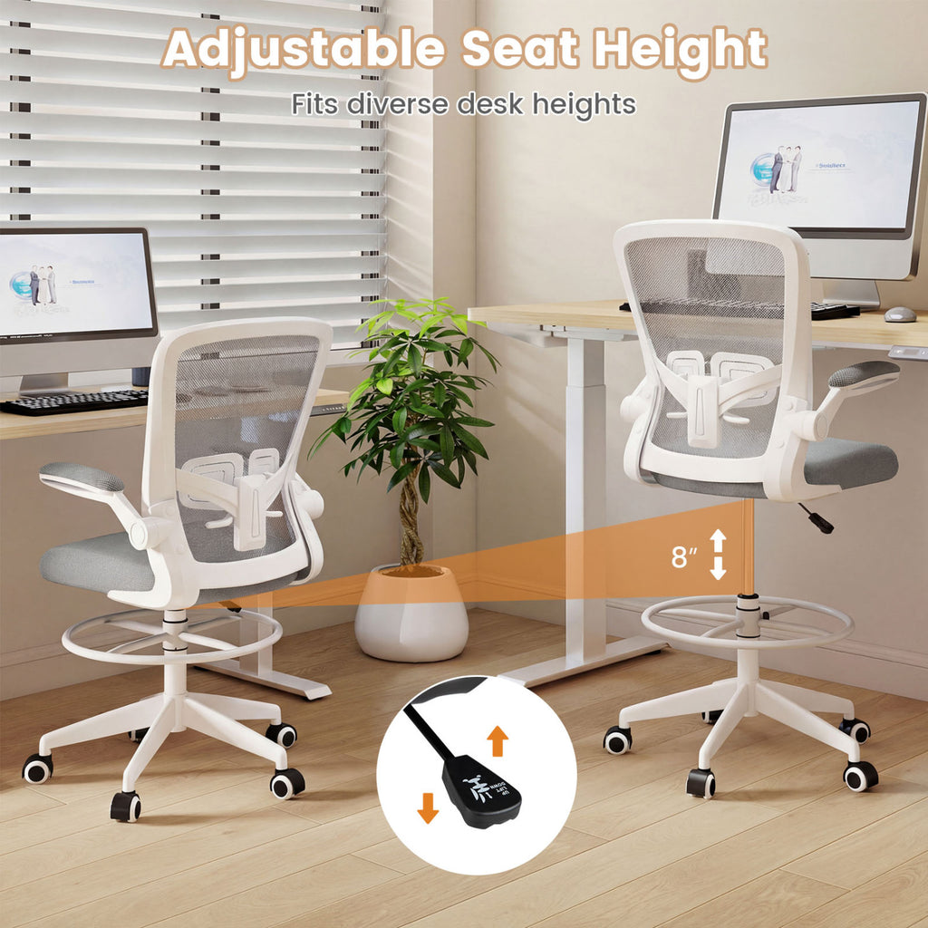 Height Adjustable Drafting Chair with Flip Up Arms for Home Office-Gray